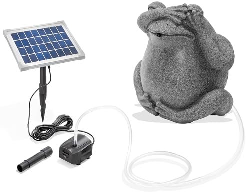 esotec Solar Set Wasserspeier Frosch sitzend, Solarpumpe, Teichfigur Gartenfigur Gartenstatue, Tauchpumpe, Gartenbrunnen, Wasserspiel Springbrunnen außen outdoor, Vogeltränke H=24cm 101666