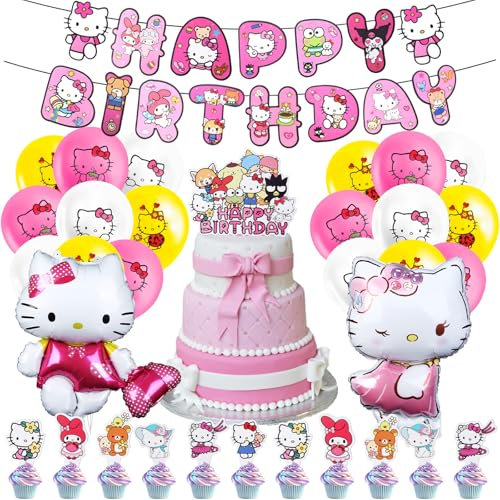 Heartsking Ki-tty Geburtstagsdeko, 46 Stück Ki-tty Deko Geburtstag, Katze Geburtstagsdeko Folienballons, Ki-tty Ballon Deko für Mädchen Kindergeburtstag Party Supplies Deko