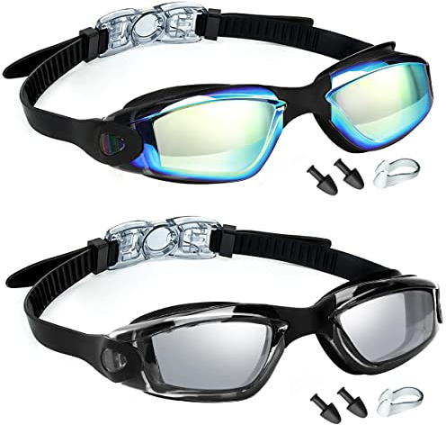 MUETKNYE Swim Goggles 2 Pack Swimming Goggles Anti Fog No Leaking For Adult Women Men Youth (Aqua&Clear Black)