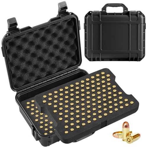 Relaxweex Hard Ammo Storage Case with Foam Organizer, Waterproof Lockable Range Box for Handgun Ammunition, Portable Protective Container Holds 246 Rounds for Outdoor Gear, Shooting Range Storage
