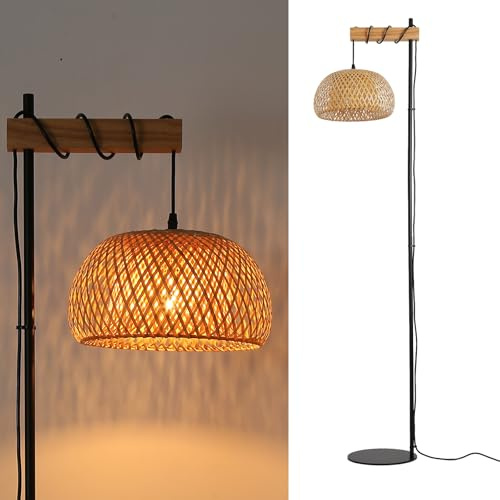 Alpinaluz Lámpara de Pie con Pantalla de Mimbre Natural Hecha a Mano – Estructura Negra y Madera, Base Ultrafina, Interruptor de Pie – Estilo Moderno Boho, Altura 157 cm, E27