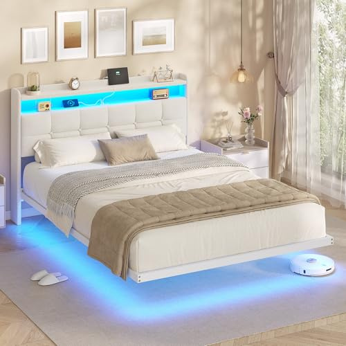 AOGLLATI Lit Flottant,140×190 CM, Cadre de Lit Métal avec Éclairage LED, Multiprise, Tête de lit Capitonnée avec Rangement,Tissu en Lin, Structure Stable, Pas Besoin de Sommier,Beige