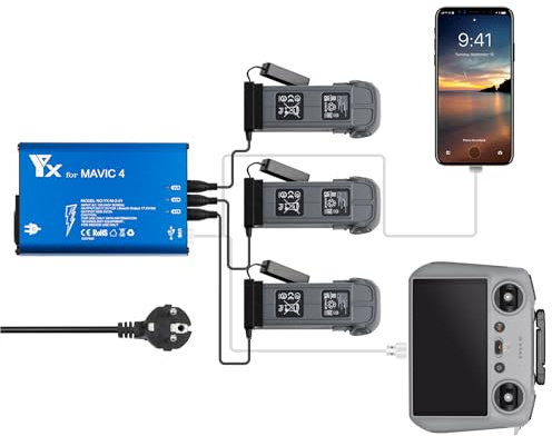LYONGTECH 5 in 1 Akku Ladegerät für DJI Mavic 4 Pro Drohne, lädt 3 Batterie und 2 USB-Anschlüsse Gleichzeitig,Parallel Akkuladestation Hub,Charger Zubehör