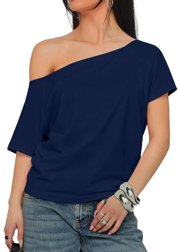 INFITTY Off The Shoulder Tops for Women Short Sleeve Shirts Casual Loose Batwing Summer Tops Tunic Blouse Navy Blue S