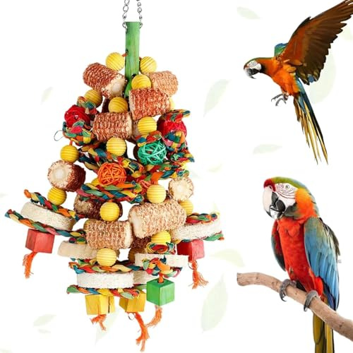 Gykutix 16,5Inch Giochi per Pappagalli Bird Toys Giocattoli per Gabbia da Masticare per Cacatua, Pappagalli Grigi Africani, Ara e Amazzoni, Multicolore con Blocchi di Legno Naturale per Arrampicarsi
