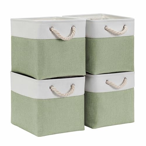 Mangata 28x28x28cm Cube Storage Boxes 4Pcs Green White Foldable Baskets | Reinforced Metal Rim, Washable Lightweight Fabric Organisers Fits Standard Cube Shelving, Wardrobe & Cupboard Storage