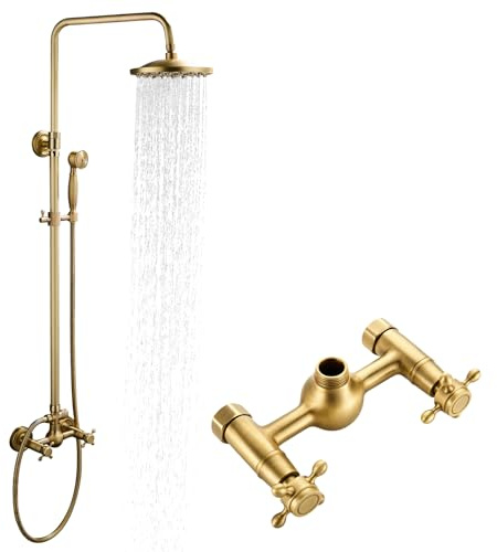 ROVOGO Retro Antique Brass 2-Function Shower Mixer Tap Set, 8 Adjustable Rainfall Head & Handheld, All Brass Traditional Wall Mounted Shower Faucet System with Twin Handles & Riser Rail