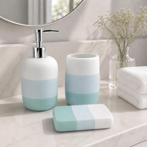 Virtime Set Accessori Bagno 3 Pezzi in Ceramica Lucida Modello Incas, Dispenser Sapone Liquido, Porta Spazzolini e Porta Saponetta (Bicolore Azzurro)