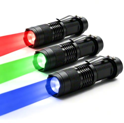 WIYETY Set med 3 röda grönblå ficklampor: batterifri LED-ficklampa, hög ljusstyrka, zoombar, idealisk för nödsituationer vid camping.