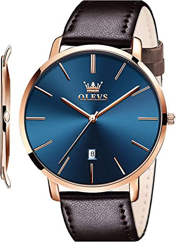 OLEVS Mens Wrist Watches Ultra Thin 6.5mm Minimalist Leather Blue Dial Watch Business Dress Waterproof Date Slim Watches for Men