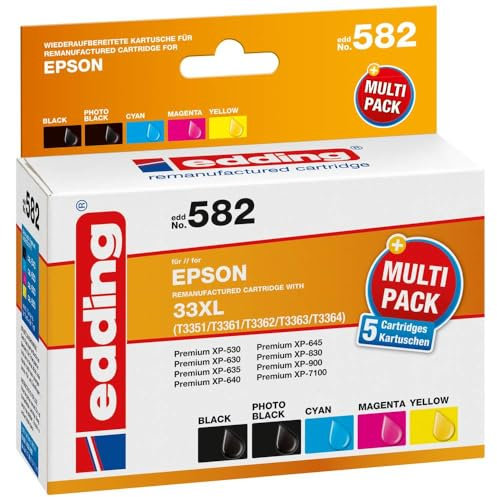edding Druckerpatrone EDD-582 - Multipack 5 - Schwarz, Foto-Schwarz, Cyan, Magenta, Gelb - 1x 15 ml + 4x 11 ml - Reichweite 2x 640 3x 650 Seiten - Ersetzt Epson T33XL (T3351/61/62/63/64)