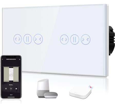 BSEED Intelligent WIFI Interrupteur Tactile de Volet Roulant, Nécessite Un Fil Neutre, Interrupteur Mural en Verre, Double 1 Gang 1 Voie, Compatible avec Alexa/Google, Blanc
