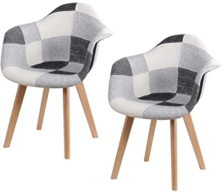 GrandCA HOME Lot de 2 Ffauteuils Patchwork Scandinaves avec Pieds en Bois de Hêtre Massif et Assise en Polyester Rembourré Multicolore, Noir+Blanc