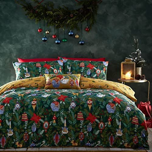 furn Deck The Halls Christmas Duvet Cover Set - Festive Bedding Holiday Décor (Green - Super King)