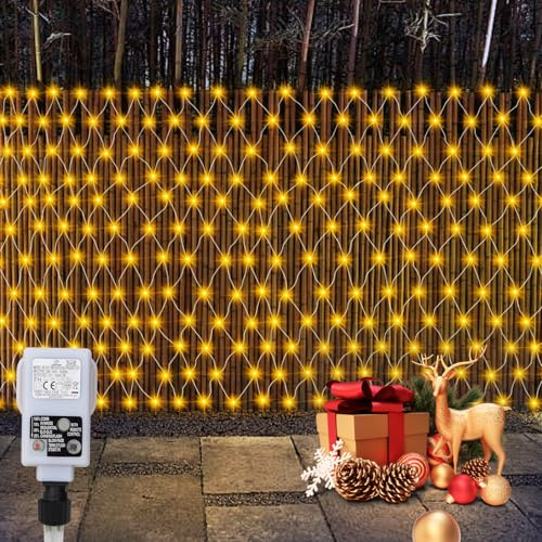 CCILAND 3x2m Christmas Net Lights Outdoor Mains Powered - 200 LED Mesh Light Plug in, 8 Modes 30V Low Voltage Garden Bush String Lights for Shrub Fence Backyard Patio Lawn Window (Warm White)