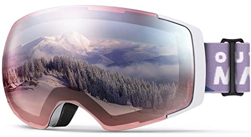 OutdoorMaster Ski Goggles PRO - Frameless, Interchangeable Lens 100% UV400 Protection Snow Goggles for Men & Women (Whiteframe Pinklens VLT28%)