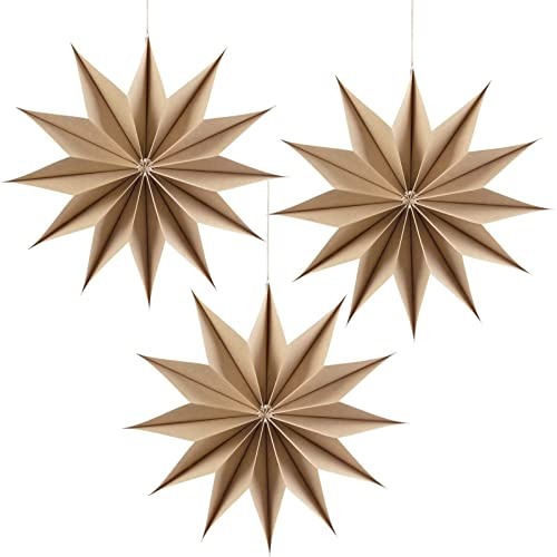 SUNBEAUTY 3 Pcs 12-Pointed Brown Paper Star Lanterns 12 Inch Christmas Hanging Lamp Rustic Paper Decorations Shade Wedding Birthday Christmas Home Party Decorations