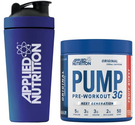 Applied Nutrition Pump 3G Pre Workout + 750ml Steel Protein Shaker - Energy, Focus & Performance (375g - 25 Servings) (Fruit Burst)