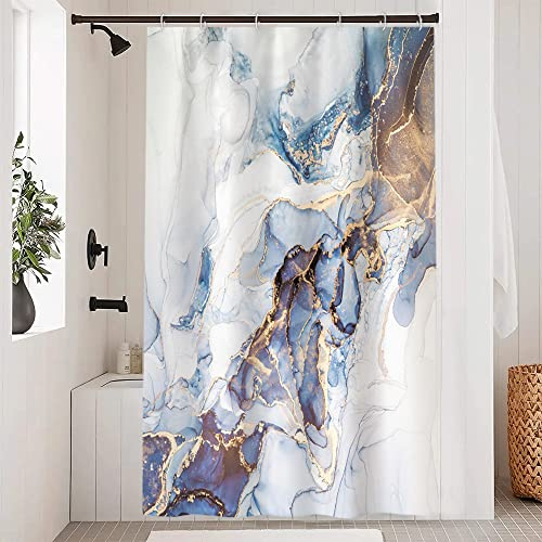 Tenda Doccia Antimuffa, Uiiooazy Tenda da Doccia Piccola 90x180cm Blu Navy Effetto Marmo Grigio Giallo Moderno Tende da Bagno Tessuto Lavabile Impermeabile Poliestere Tende Vasca da Bagno con 6 Anelli