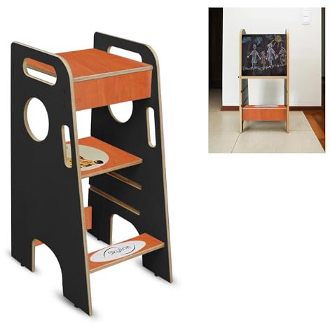 Skyline Steh und Lernturm Baby ab 1 Jahr Montessori Learning Tower Höhenverstellbar Tritthocker Kinder Indoor Möbel Kinderzimmer Trittschemel Kitchen Helper Hochstuhl mit Tafel Board (Schwarz/Braun)