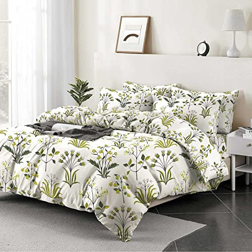 4PCS 100% Egyptian Cotton Printed Duvet Cover Set with Fitted Sheet and 2 Pillowcases - 400 Thread Count King Size Duvet Cover Reversible Floral Bedding Set (Fern Green, Double)
