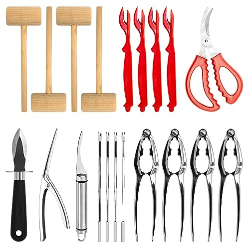 Waltool 19Pcs Seafood Tools Includes Sea Food Scissors, Crab Crackers, Oyster Knife, Lobster Crackers, Crab Hammer and Shellfish Forks, Nutcracker Set for Restaurants, Picnic and Home Use