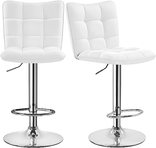 Yaheetech Juego de 2 Taburetes de Bar Taburetes Altos con Respaldo Regulable en Altura y Giratorio 360°, Estructura Metal y Reposapiés, Blanco