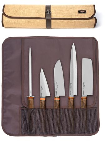 Pirge Titan East Set coltelli da cucina giapponesi 6 Pezzi - Coltello da chef Santoku - Coltello Nakiri - Coltello da sushi Yanagiba - Coltello per disosso Honesuki - Affilatura Acciaio