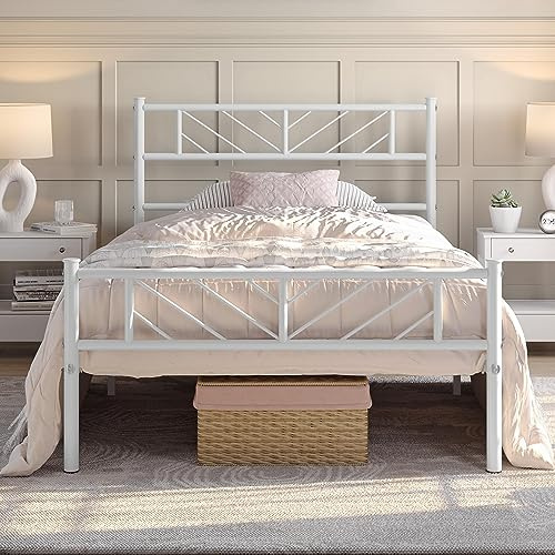 Yaheetech Cadre de lit Simple 90x190 cm Lit en Métal pour Adultes Grande Espace en Lattes Moderne Blanc