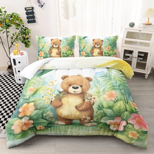AILONEN Cartoon Bear Comforter Set Twin Size, Cute Bear with Flower Bedding Set for Kids Girls,Watercolor Nature Plant Flowers Bed in a Bag,Kawaii Animal Duvet Set,3 Pieces,1 Quilt and 2 Pillowcases