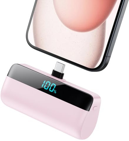 Feob Mini Power Bank para iPhone 16/15 Serie, 5200mAh USB C Cargador Portátil Ultra Compacto Batería Externa Powerbank con Pantalla Digital Compatible con iPhone 16/15 Samsung iPad Pro/Air etc - Rosa