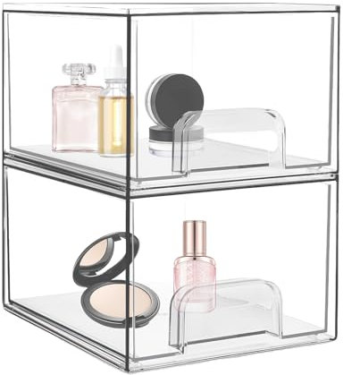2 Pcs Cassetti Plastica Impilabili, 19,05x15,24x16,7 cm, Organizer Trucchi con 16 Tappetini Antiscivolo, Scatole Portaoggetti con Coperchio, Contenitore Cosmetici per Toeletta Bagno Camera Letto (B)