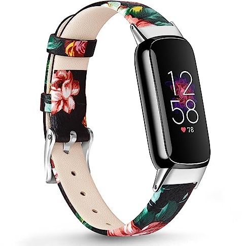 Mugust Armband kompatibel mit Fitbit Luxe Lederarmband für Damen und Herren, Leder, verstellbar, Sport-Ersatzarmbänder nur für Fitbit Luxe (schwarze, rote Blume)