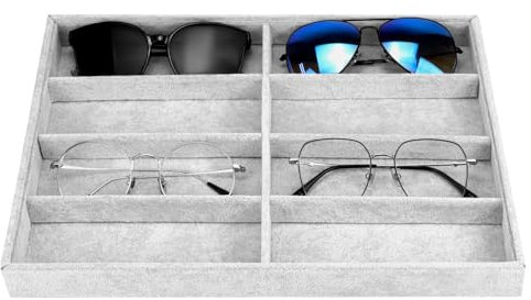 QWORK® Glasses Organizer Jewelry Tray, 8-Grids Velvet Display Box, Stackable and Versatile for Glasses, Watches, and Jewelry