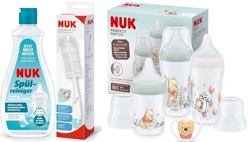 NUK Perfect Match Babyflaschenset Winnie Puuh & Reinigungsset zur gründlichen Reinigung von Babyflaschen | 3 Anti-Colic-Babyflaschen und Space-Schnuller | Spülreiniger 500 ml & 2in1 Flaschenbürste