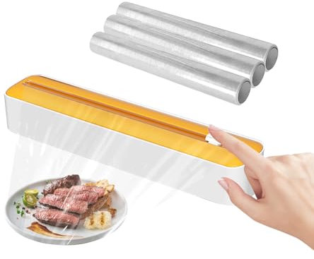 4Pcs Cling Film and Foil Dispenser and Cutter - Plastic Wrap Holder for Kitchen, Home, Restaurant - Tin Foil Organizer with Space-Saving Easy Cut Design（Yellow and 3 Cling Films）