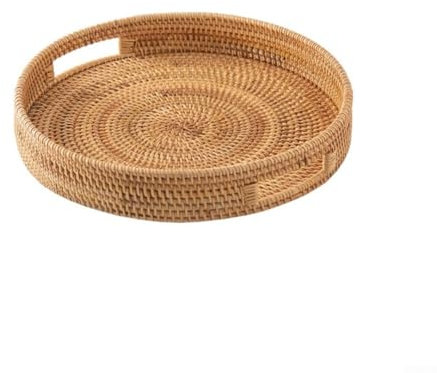 Bandeja redonda tejida de ratán, ratán redondo grande con asas, organizador de escritorio de mesa natural, cesta tejida decorativa para aperitivos, pan, bebidas, desayuno, vela (25 cm)
