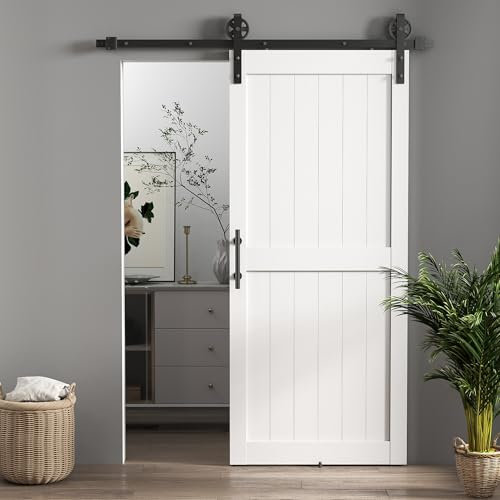 HOMCOM 213 cm Porta Scorrevole in Stile Country con Binario e Maniglia Migliorato, Porta da Interno in MDF e Acciaio con Accessori di Montaggio Inclusi, Bianco e Nero