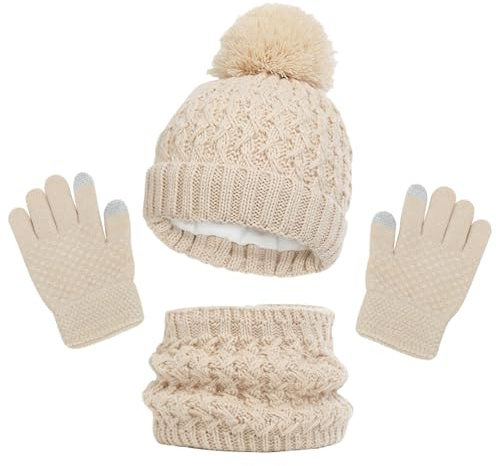 TMEOG Set de Bufanda Gorro y Guantes Para Niñas Niños Gorro de Punto con Pompon Forro Polar Cálido Bebé Braga de Cuello Alta Elasticidad Invierno Deportes al Aire Libre 1-6 años Beige