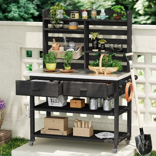 64.9 H Outdoor Potting Bench Table with Lockable Wheels, Solid Wood Outdoor Kitchen Island with Upper Hutch, Stainless Steel Top, Towel Rack,Outdoor Storage for Grilling, Lawn Garden (Black)