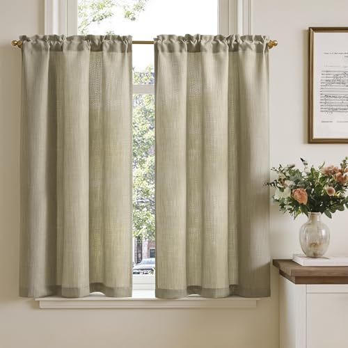 TOPICK Cortina Cocina Corta con Bolsillo, Beige 65An x 115Al(cm) 2 Paneles, para Ventana Armario Mueble Bajo Dormitorio Bajo Fregadero, Efecto Ligero Estilo Moderno