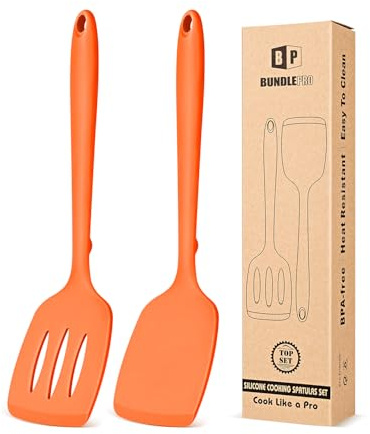 Pack of 2 Silicone Spatula Turners, Non Stick Slotted Kitchen Spatula Set, Heat Resistant BPA Free Kitchen Utensils, One-Piece Design, Suitable for Flipping Fish, Eggs, Steak, Pancakes (ORANGE)