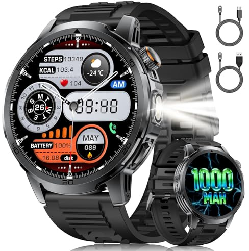 Smartwatch Herren, 1,85 Zoll Großes Display, Bluetooth-Anrufe, 1000-mAh-Akku, LED-Taschenlampe, Herz-/Schlaftracker, IP68 Wasserdicht, 110+ Sportmodi, Kompatibel mit Android und iOS, Schwarz-Silikon