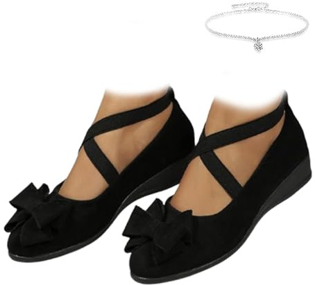 Scarpe casual da donna con tacco a cuneo decorato con fiocco, cinturino incrociato, punta tonda, scarpe Mary Jane eleganti in pelle scamosciata comoda scarpa slip-on, Nero , 0 UK Wide