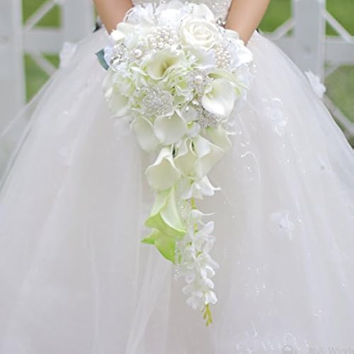 Iffo Calla Lilies Simulation Rose Diamonds Pearl Bride Wedding Bouquet (White)