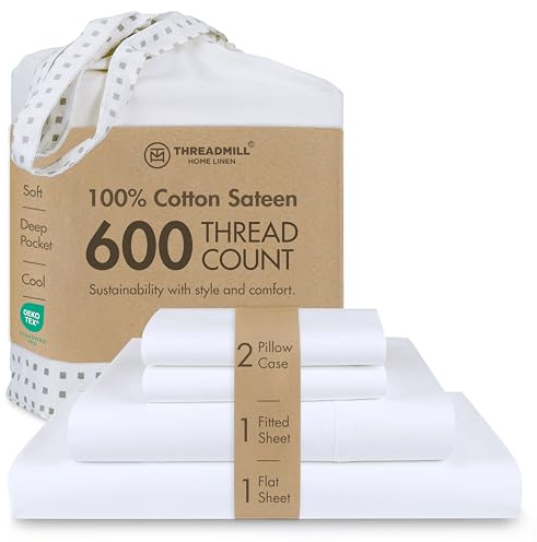 Threadmill Home Linen Queen Sheets - 100% Natural Cotton 600 Thread Count, 4 Piece Sateen Weave Hotel White Bed Set, Smooth ELS Combed Cotton, Solid Bedsheets with Elasticized Deep Pocket