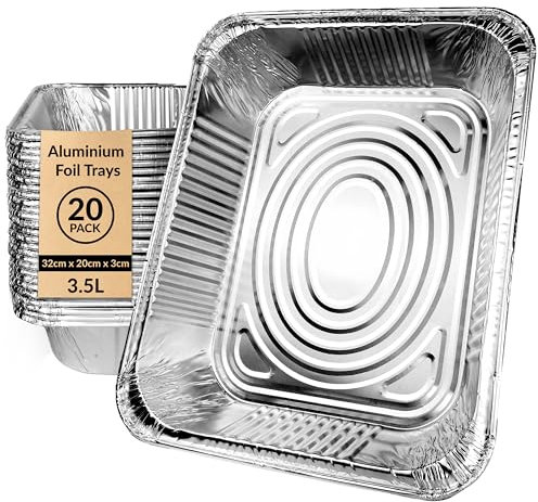 ebake Aluminium Foil Trays No Lids - 20 Pack Large Tin Foil Trays (32 x 25 x 7cm) - Disposable Aluminium Trays for Roasting, Baking and Broiling - Takeaway Containers or Disposable Food Containers