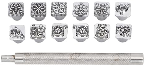 Metal Stamp Tool, 12pcs 1x1cm Different Pattern Zinc Alloy Punching Tools for Imprinting Metal, Wood, Plastic, Leather