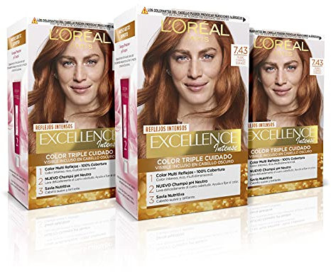 L'Oreal Paris Excellence Intense Tinte Permanente Triple Cuidado 100 por cien Cobertura Canas, Tono 7.43 Rubio Cobrizo, 3 Unidad (Paquete de 1), El embalaje puede variar