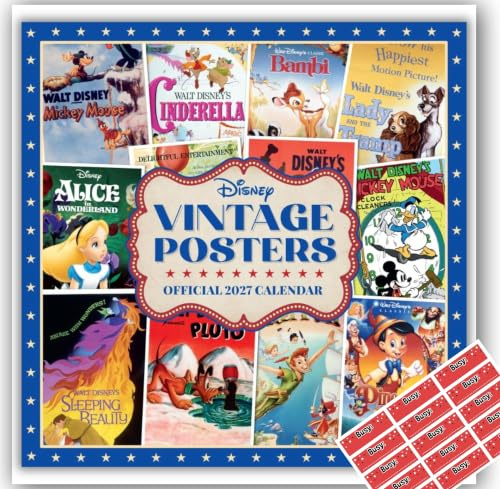 Disney Vintage Posters Calendar 2027 Square Calendar Gift Present with Free Organising Stickers, 305x305mm